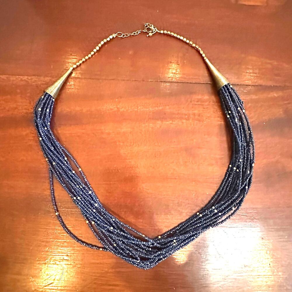 Indigo Blue Gold Seed Bead Necklace Beaded Jewelry 27" - 29" long Boho Statement